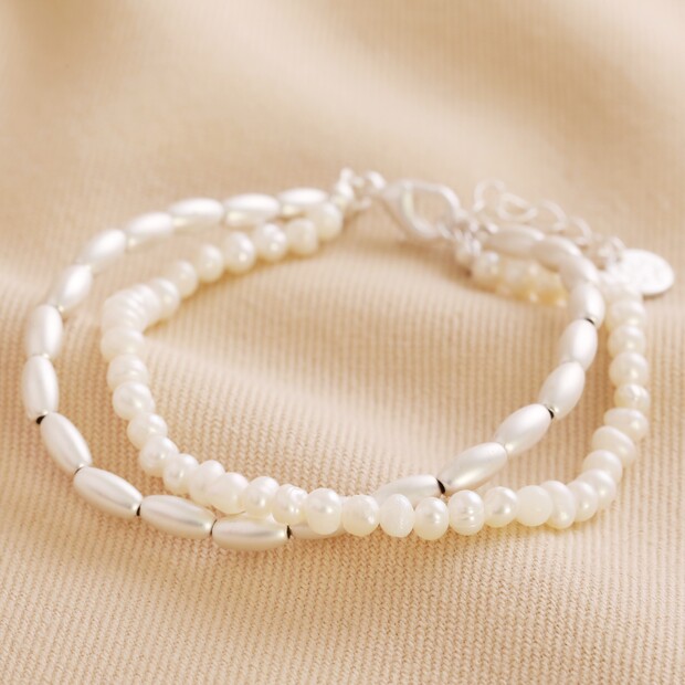 Pearl & Matt Bead Layered Bracelet In Silver