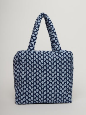 Block-printed Aspen Quilted Zip-up Cotton Tote Bag - Navy