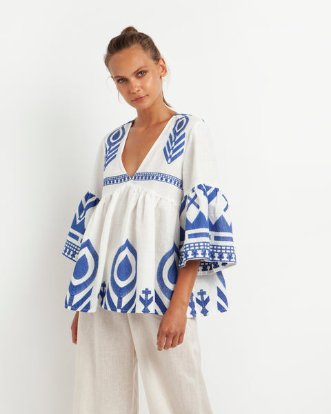 Bell Sleeve Feather Tunic White/Blue