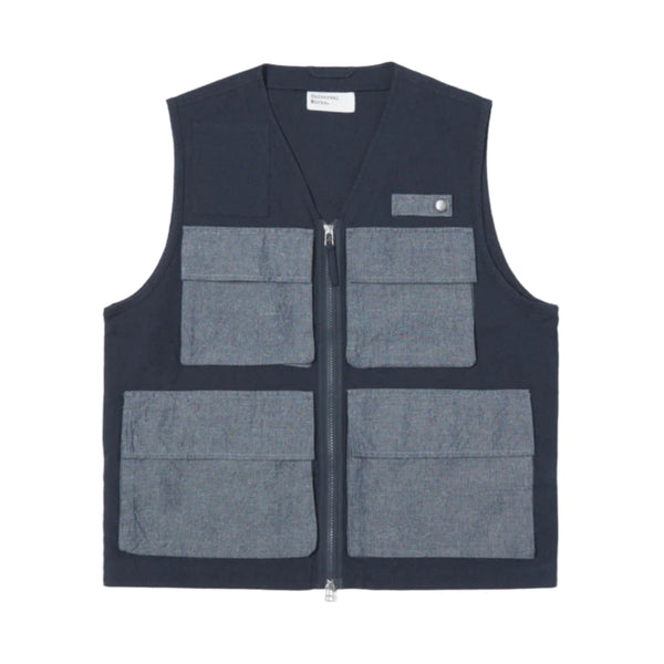 Universal Works Photographers Gilet In Navy Grey Lord Cotton Linen