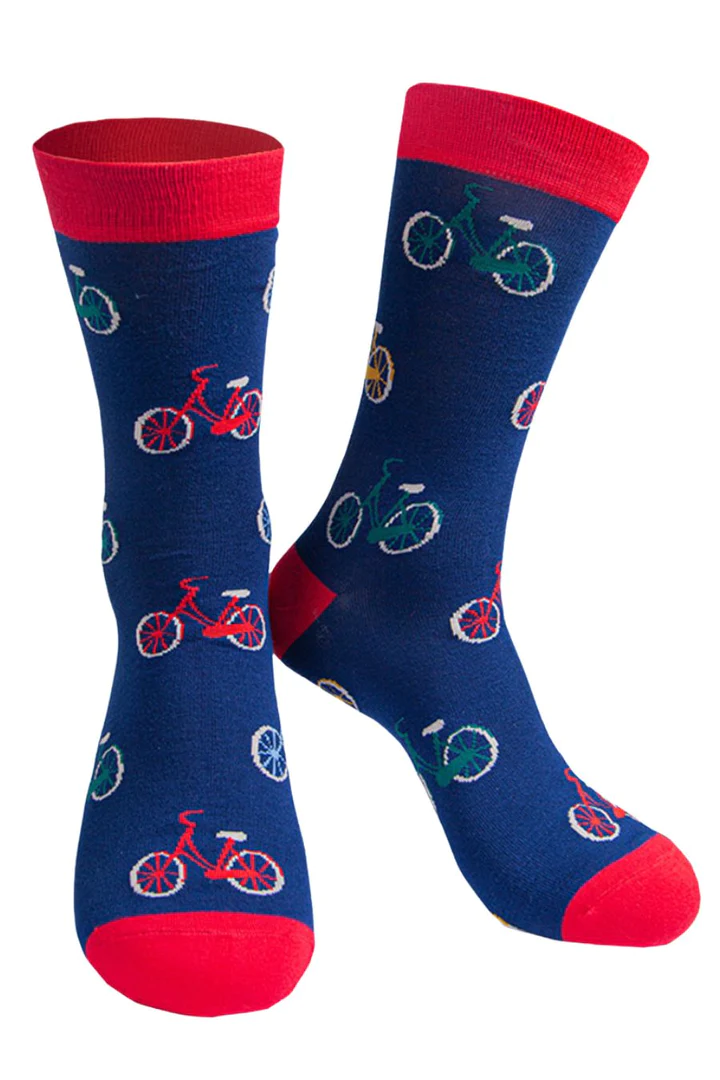 Navy Blue and Red Bicycle Mens Bamboo Socks