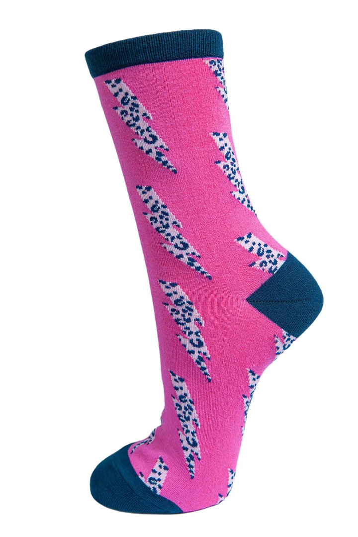Miss Shorthair Pink and Blue Leopard Print Lightning Bolt Ladies Bamboo Socks