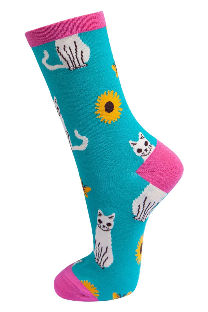 Turquoise and Hot Pink with Cats Ladies Bamboo Socks