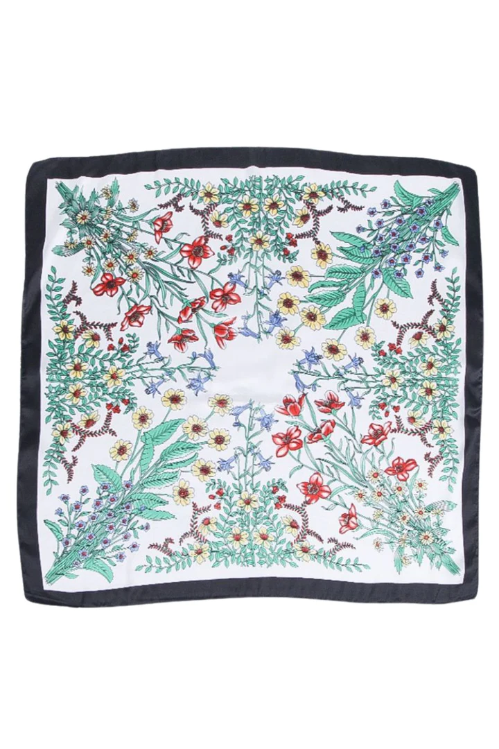 Multicoloured Floral Print Faux Silk Square Scarf with Black Border