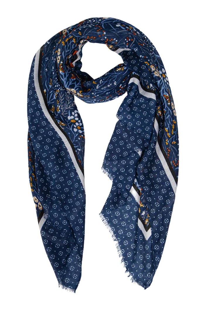 Blue Floral Print Scarf with Patterned Border