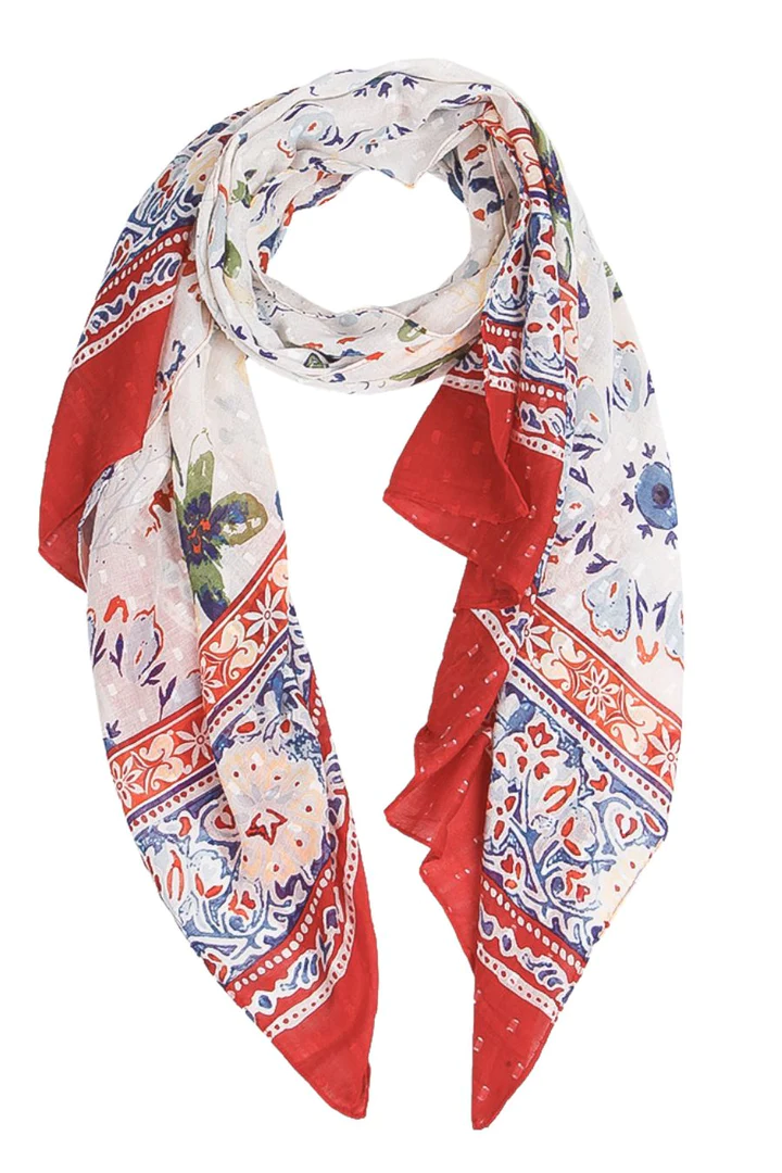 White and Red Floral Scarf with Colourblock Border