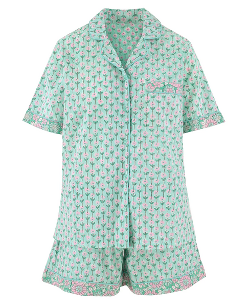 Flower Jaal Short Sleeve Green Pajamas Set