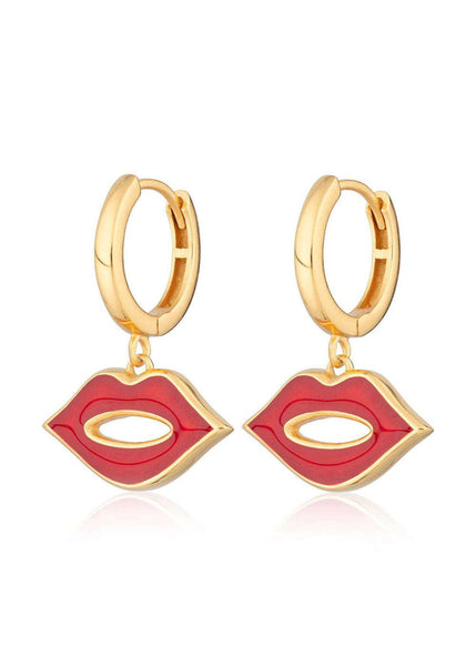 Red Lips Hoop Earring - Gold