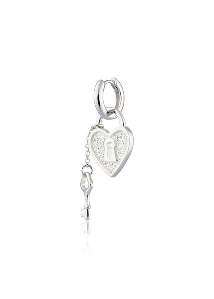 Heart Padlock And Key Single Huggie Earring - Silver