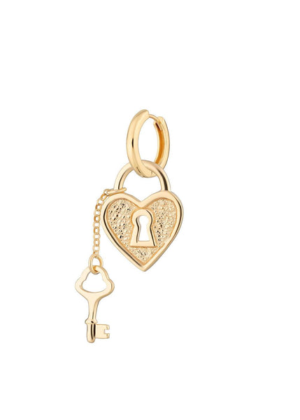 Heart Padlock And Key Single Huggie Earring - Gold