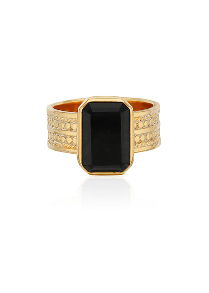 Large Black Onyx Rectangle Ring - Gold