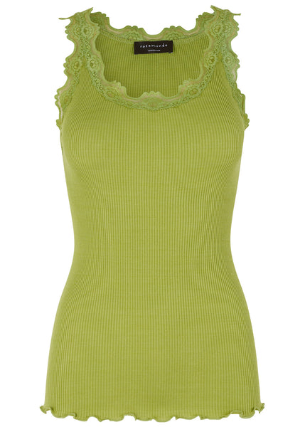 Classic Silk Top With Lace - Avokado Green