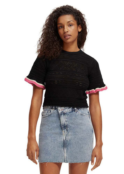 Pointelle Crop Knitted Tee