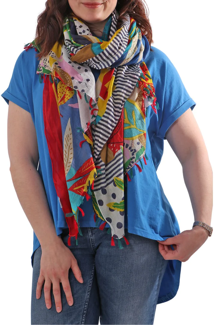 Patchwork Tropical Navy and Red Pattern Tasselled Cotton Scarf