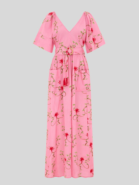 Birds Of Utopia Embroidered Kimono Sleeve Cotton Maxi Dress Pink