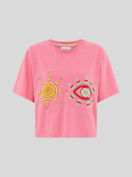 Sun Wink Embellished Cropped T-shirt Acid Washed Pink