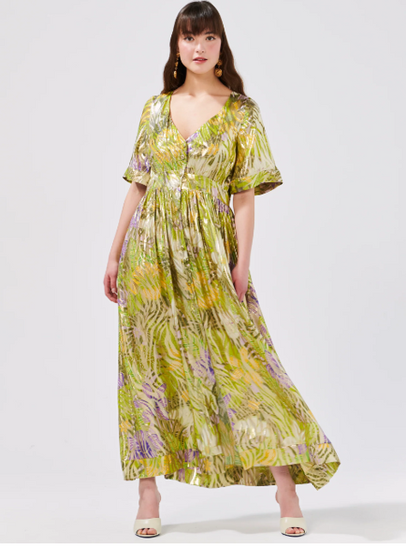 Tropical Hibiscus Silk Lurex Jacquard Maxi Dress