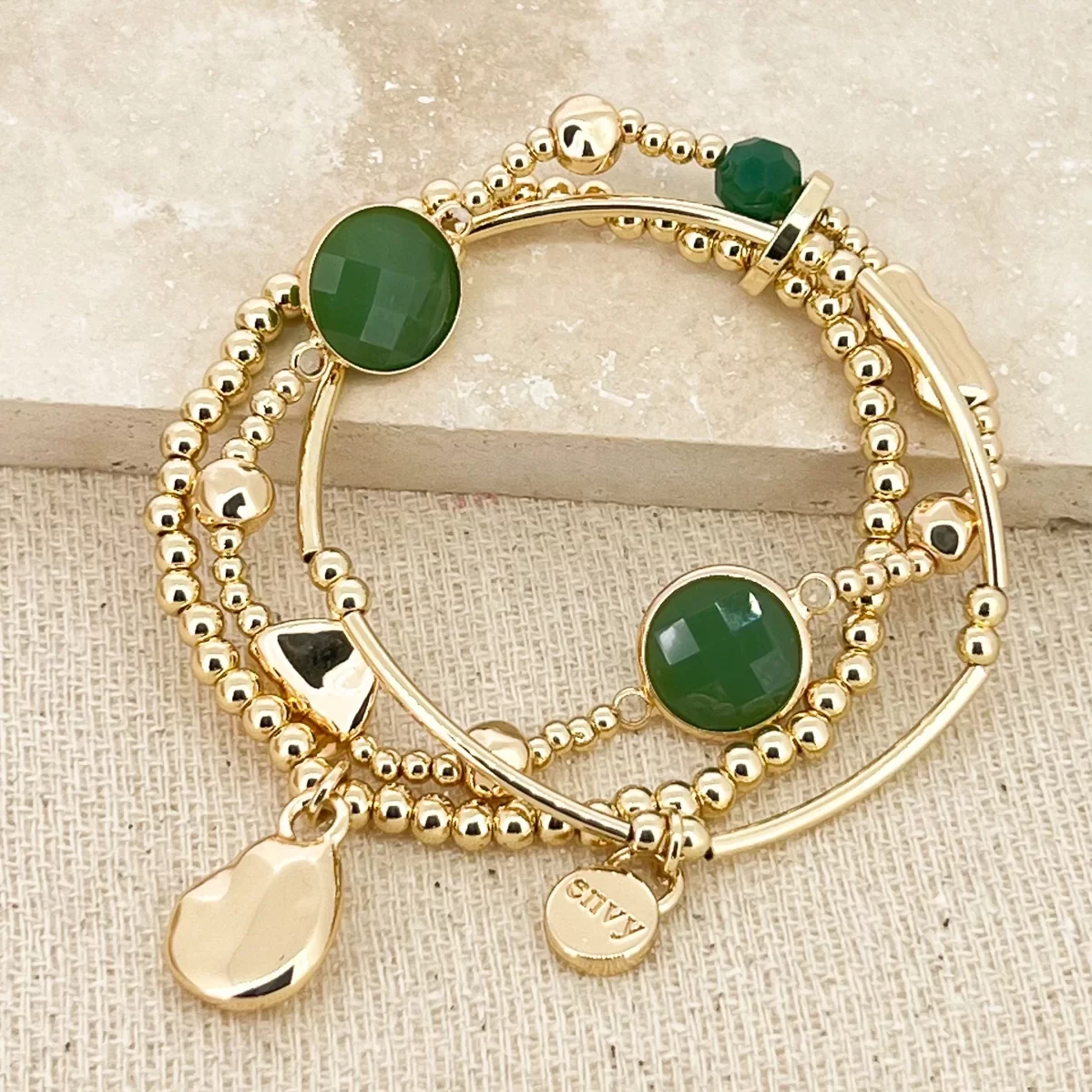 Gold Layer Bracelet with Green Glass Beads