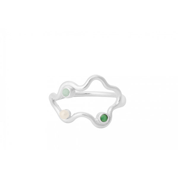 Pernille Corydon Cove Ring In Silver W Freshwater Pearl, Green Chalcedony & Green Amazonite Stones