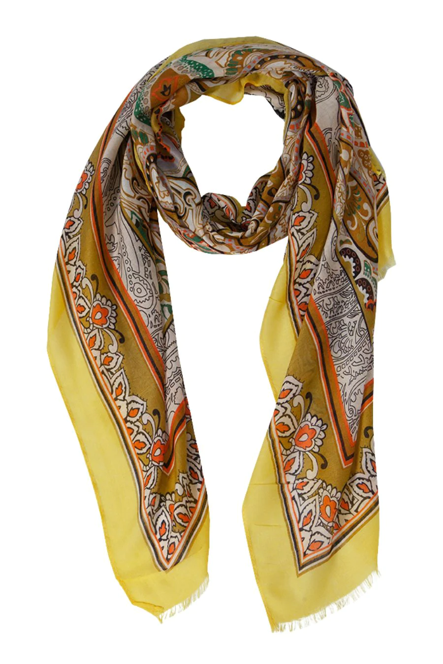 Mustard Ornate Floral and Paisley Print Scarf with Colour Block Border