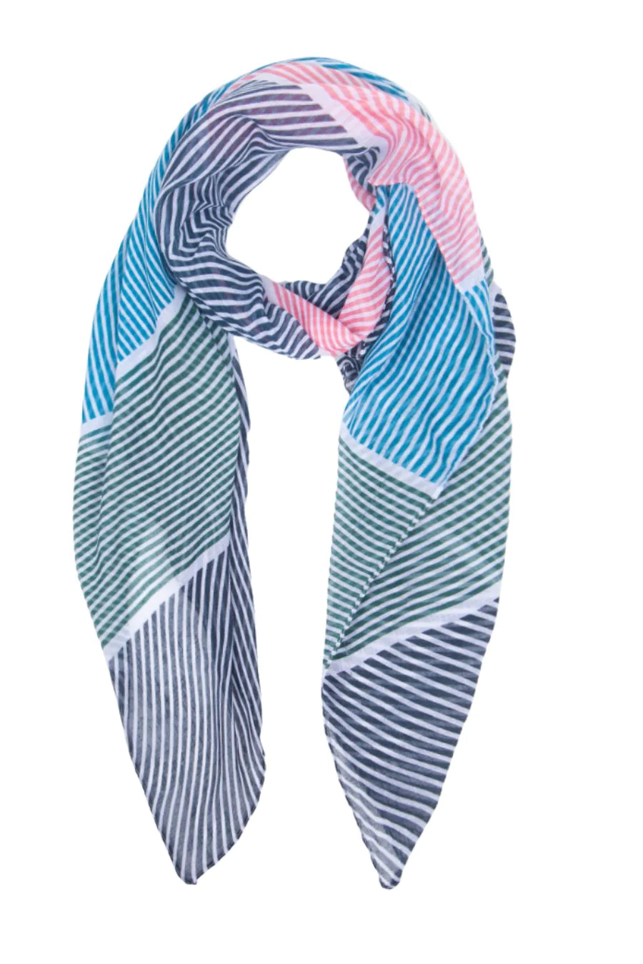 Blue and Green Striped Colourblock Lightweight Scarf