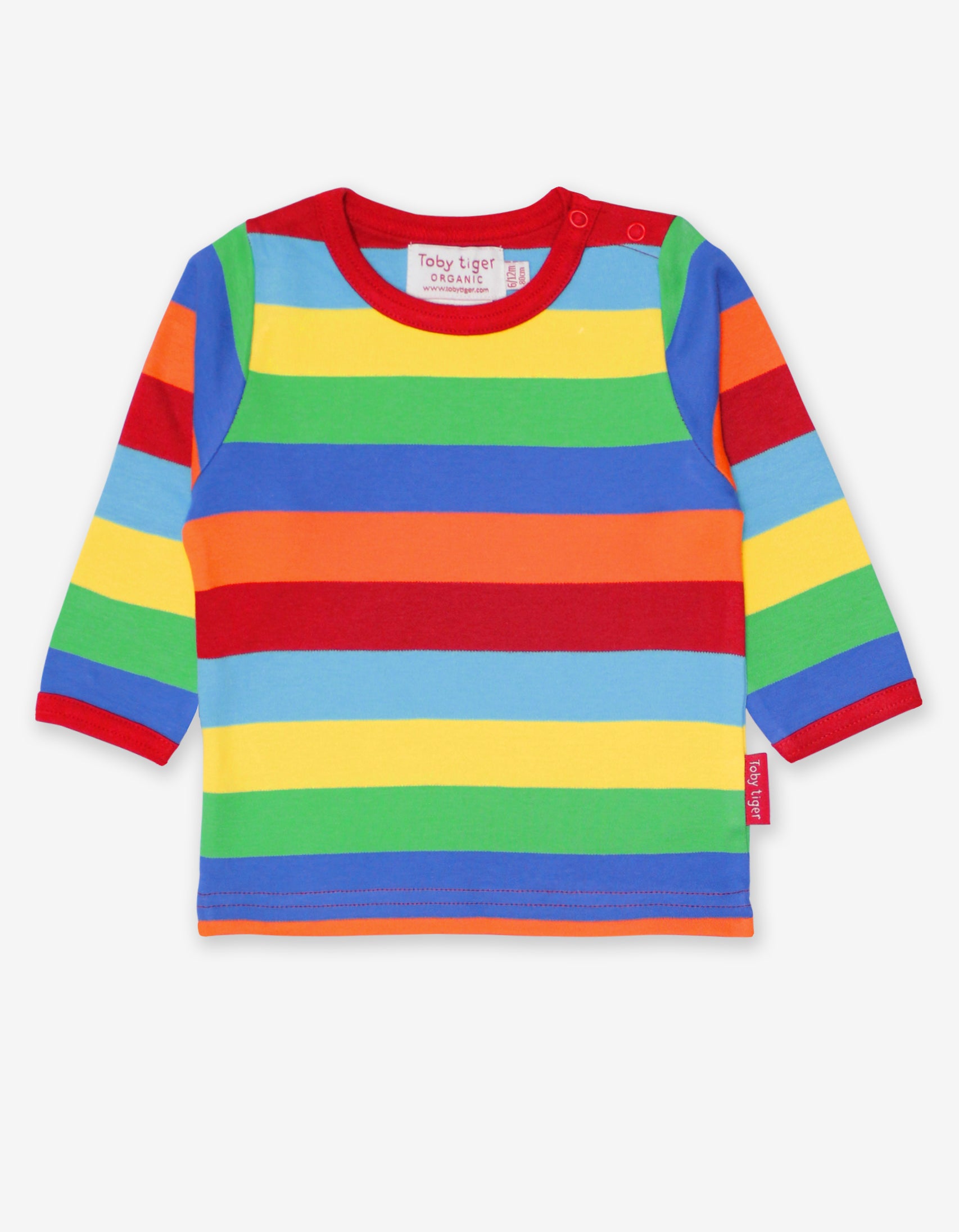 Organic Red Long Sleeved T Shirt with Multi Stripe