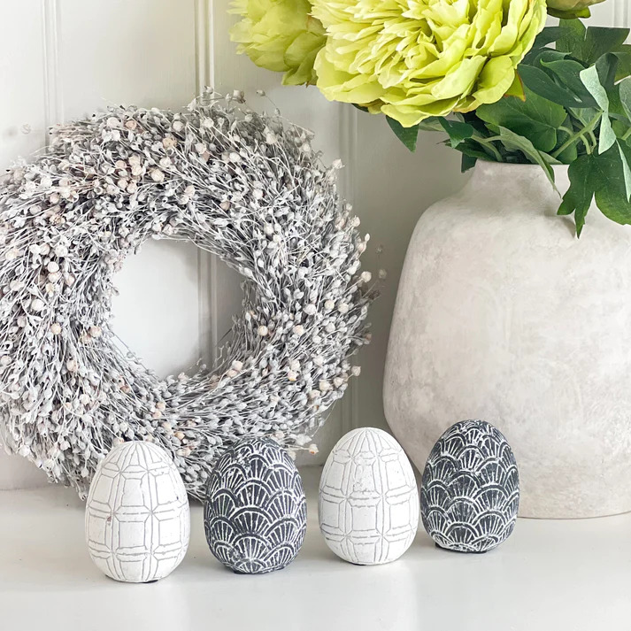 Set of 4 Black and White Carved Cement Eggs