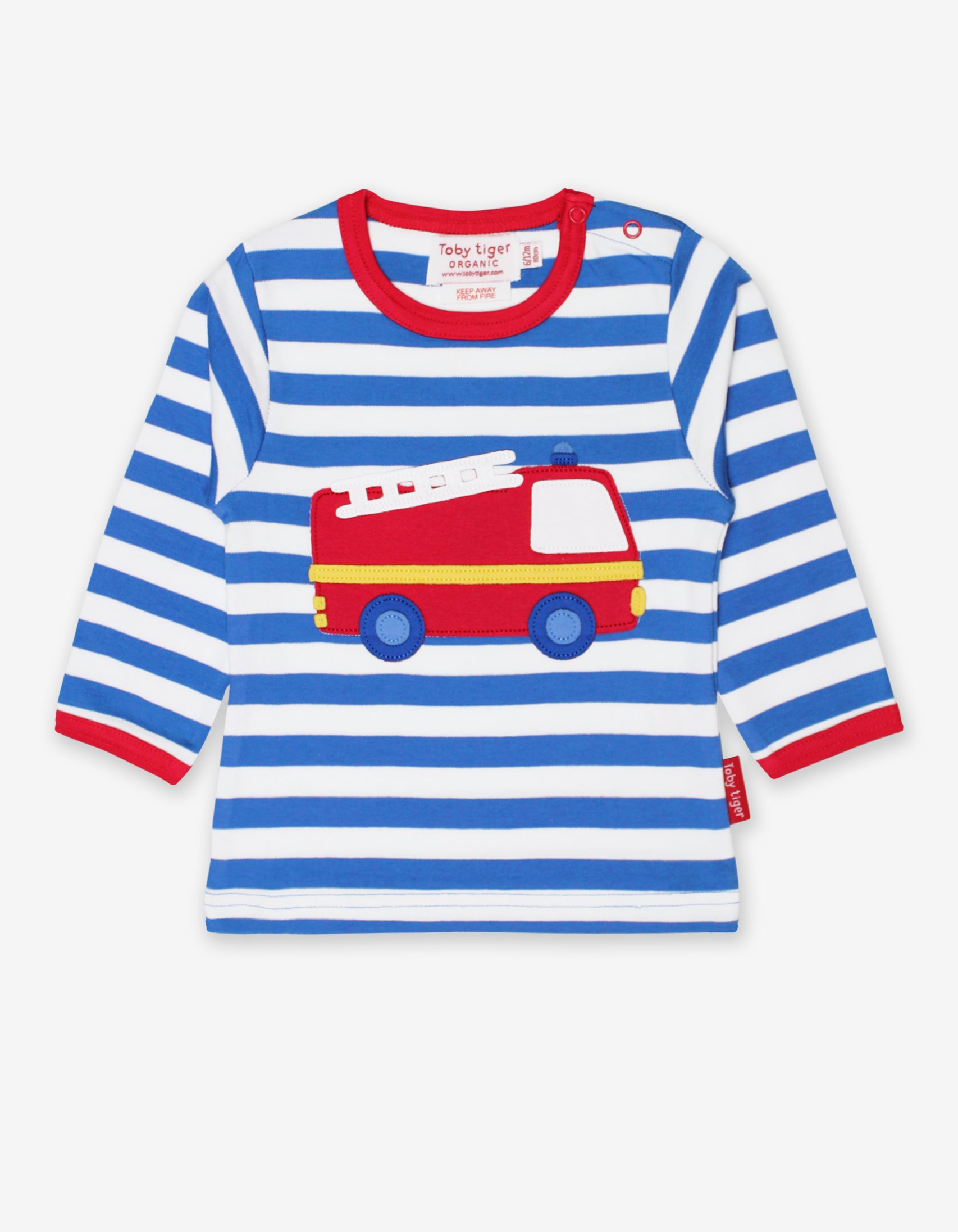 Organic Blue and White Striped Fire Engine Applique T Shirt