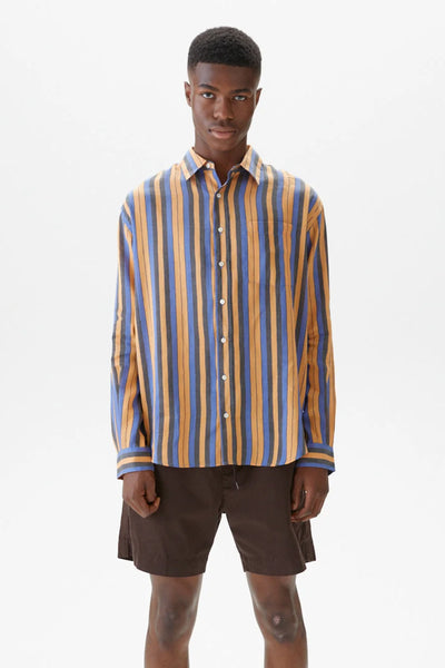 Shirt Non-binary Linen Silk Stripe Blue/orange