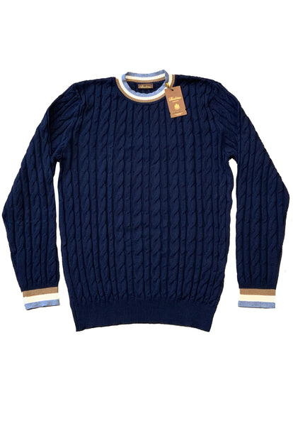 Stenstroms Navy Blue Merino Wool Cable Knit Crew Neck With Trim Detail