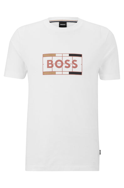 Hugo Boss White Slim Fit Cotton Tennis Inspired Printed T Shirt