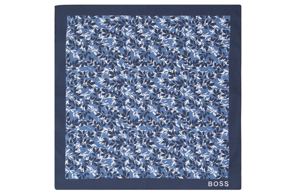 Hugo Boss Tonal Blue Cotton Pocket Square in Blue Leaf Print