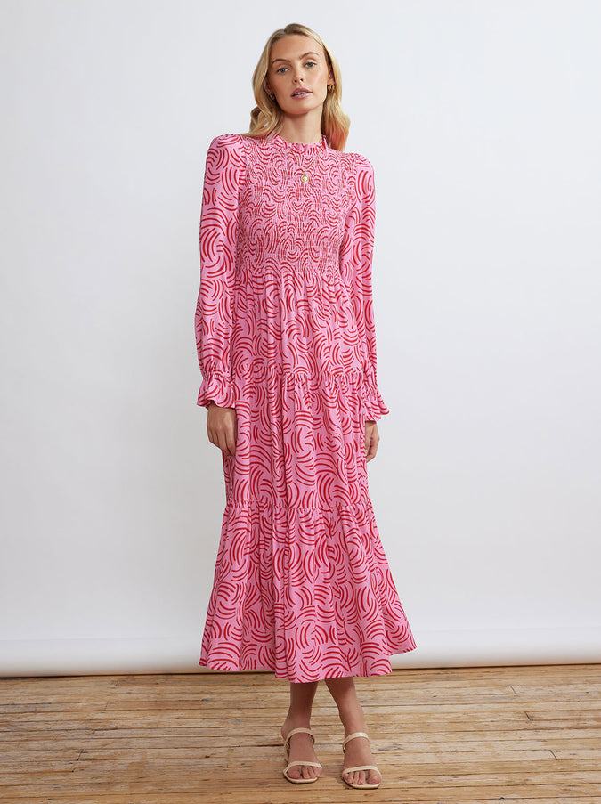 - Betsy Pink Geo Shirred Maxi Dress