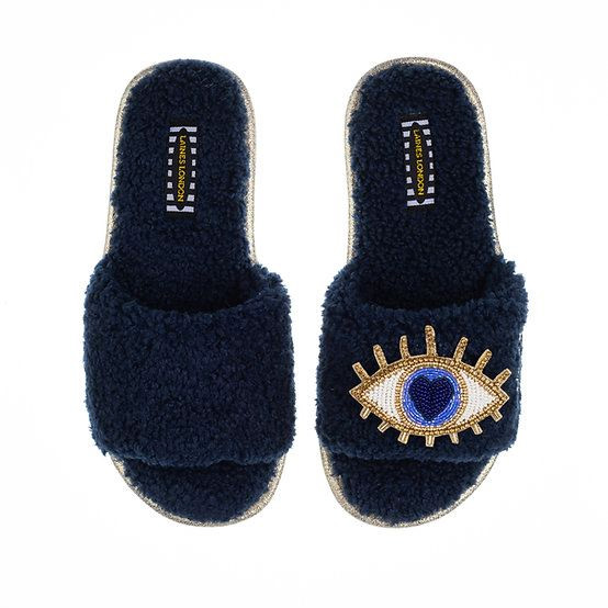 Navy Towelling Teddy Sliders