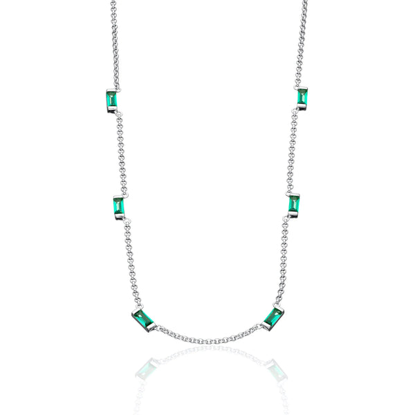 | Cleopatra Green Baguette Chain Necklace | Silver Plated