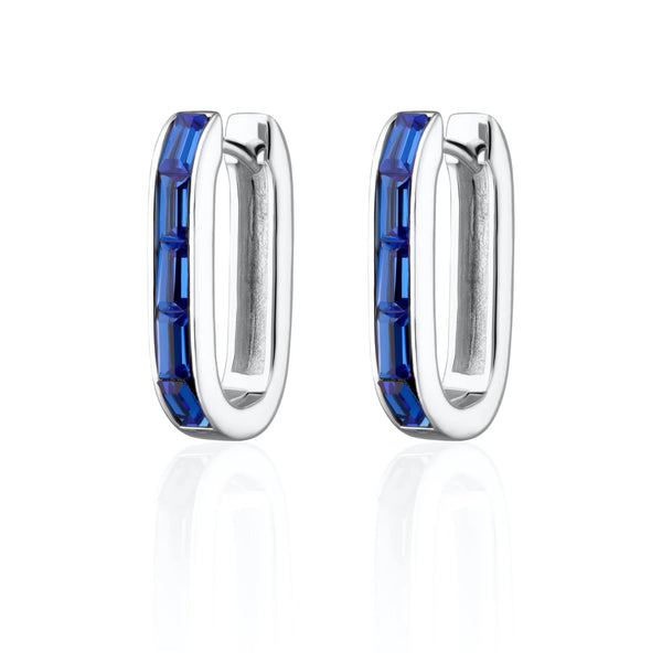 | Oval Baguette Hoop Earrings With Blue Stones | Sterling Silver