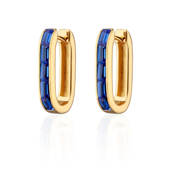 | Oval Baguette Hoop Earrings With Blue Stones | Gold Plated