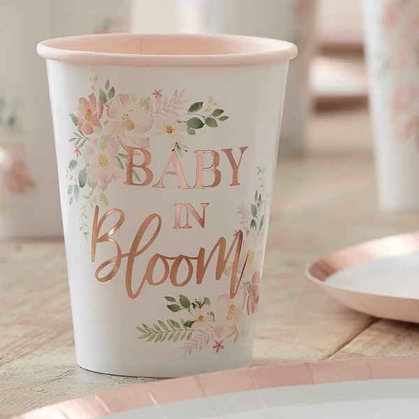 Ginger Ray Baby In Bloom - Cups - Floral Baby In Bloom - Foiled