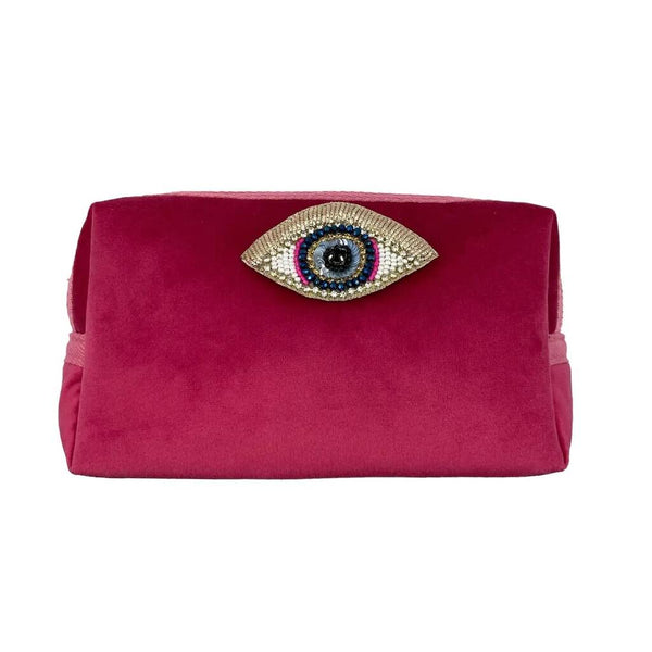 Bright Pink Make-up Bag With A Golden Eye Pin - Recycled Velvet