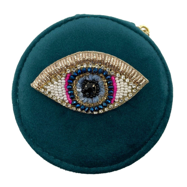 Jewellery Travel Pot In Recycled Velvet With Golden Eye Pin - Teal