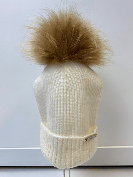 BKLYN   Ivory Wool Beanie Hat with Natural Pom Pom