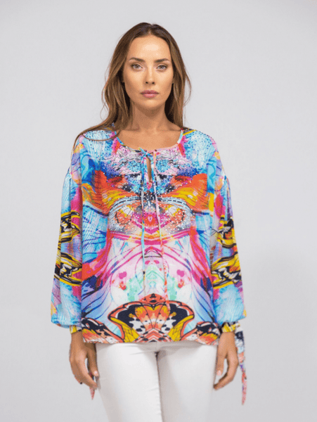 Inoa Canberra Printed Silk Knot Cuff Long Sleeve Top with Crystals 