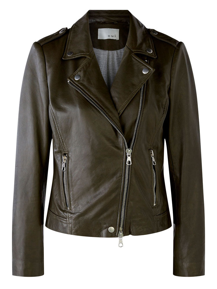 Oui Dark Khaki Leather Jacket