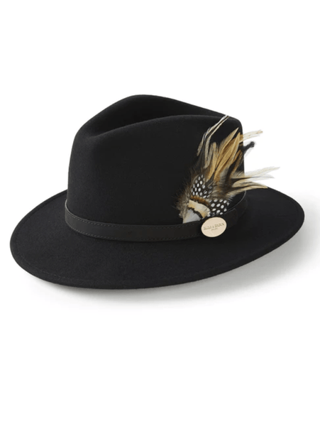 Hicks and Brown Black Suffolk Fedora Guinea Hat with Pheasant Feather