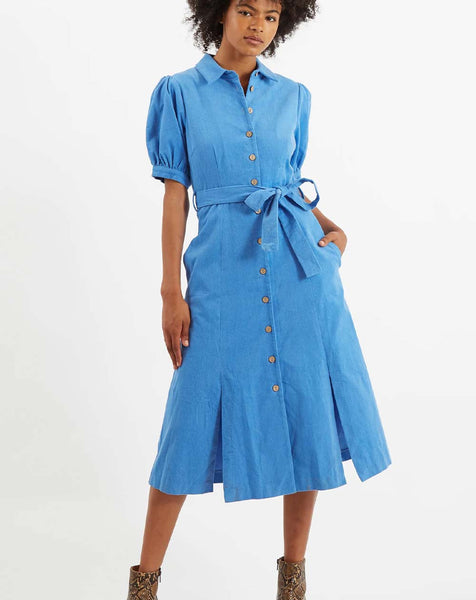 Mollie Baby Cord Puff Sleeve Midi Dress In Blue