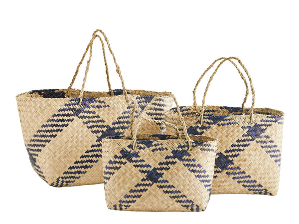 Madam Stoltz Small Blue Colourful Striped Seagrass Baskets with Handles