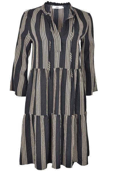 Black and Taupe Milly Tiered Stripe Dress