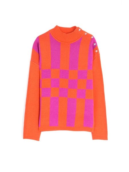 Orange & Pink Chess Star Shoulder Turtleneck Sweater