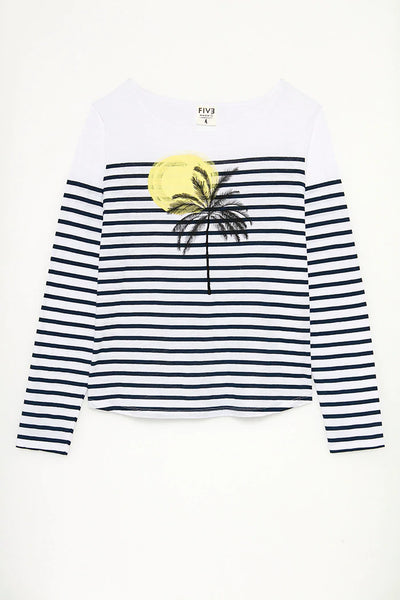 White and Navy Tse2237 Stripe Palm Tree Ls Top