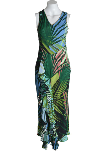 Green Long Strap Palm Printed Emika Dress